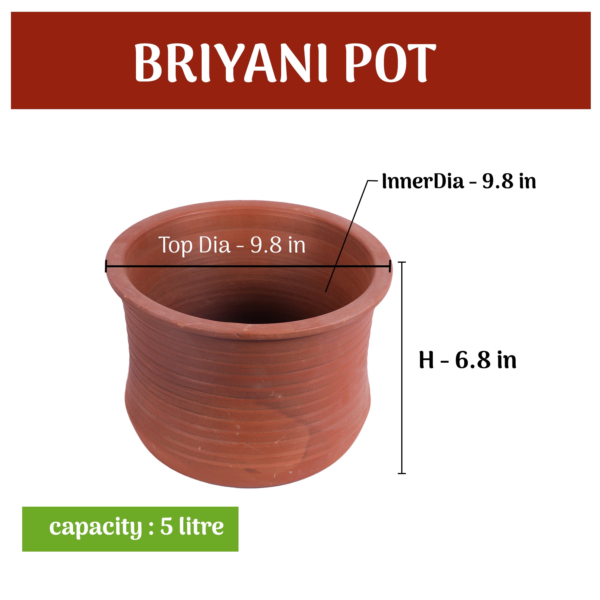 5 Litre earthen clay Briyani pot with lid, showing detailed dimensions including top diameter, inner diameter and height.
