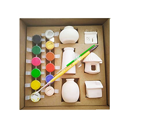 Village Decor kids pottery coloring kit box with ceramic houses, pots, watercolors, and brushes neatly packed for gifting.