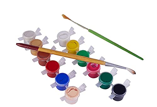 Kids painting set with colorful water paints and brushes included in the Village Decor pottery coloring kit.