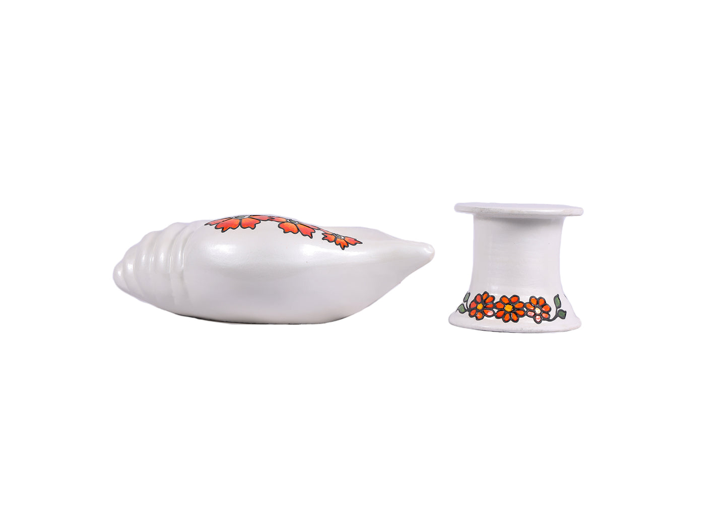 Terracotta Decorative Flower design Sangu urili with Stand - White
