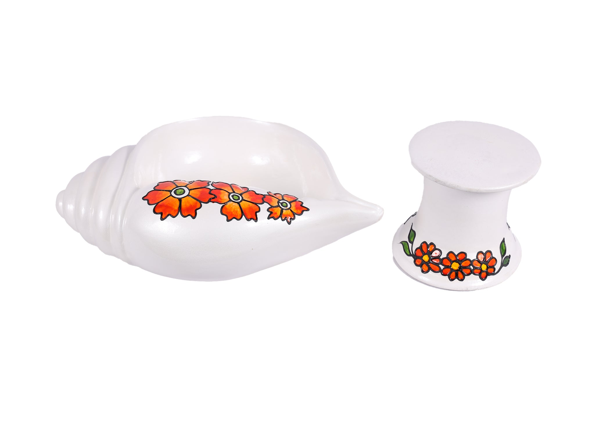 Terracotta Decorative Flower design Sangu urili with Stand - White