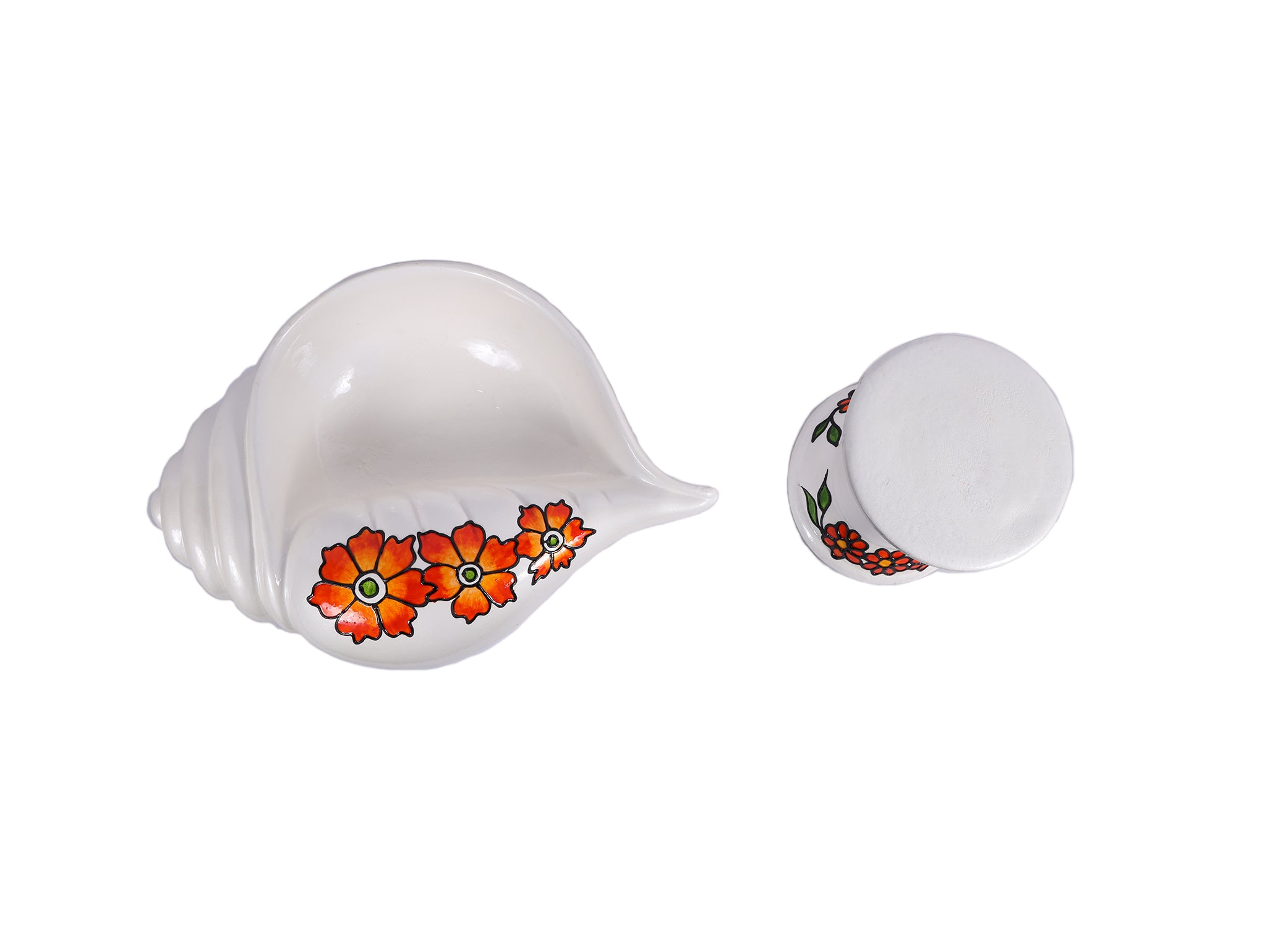 Terracotta Decorative Flower design Sangu urili with Stand - White