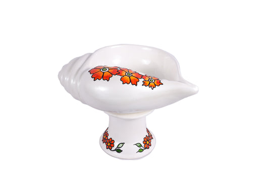 Terracotta Decorative Flower design Sangu urili with Stand - White