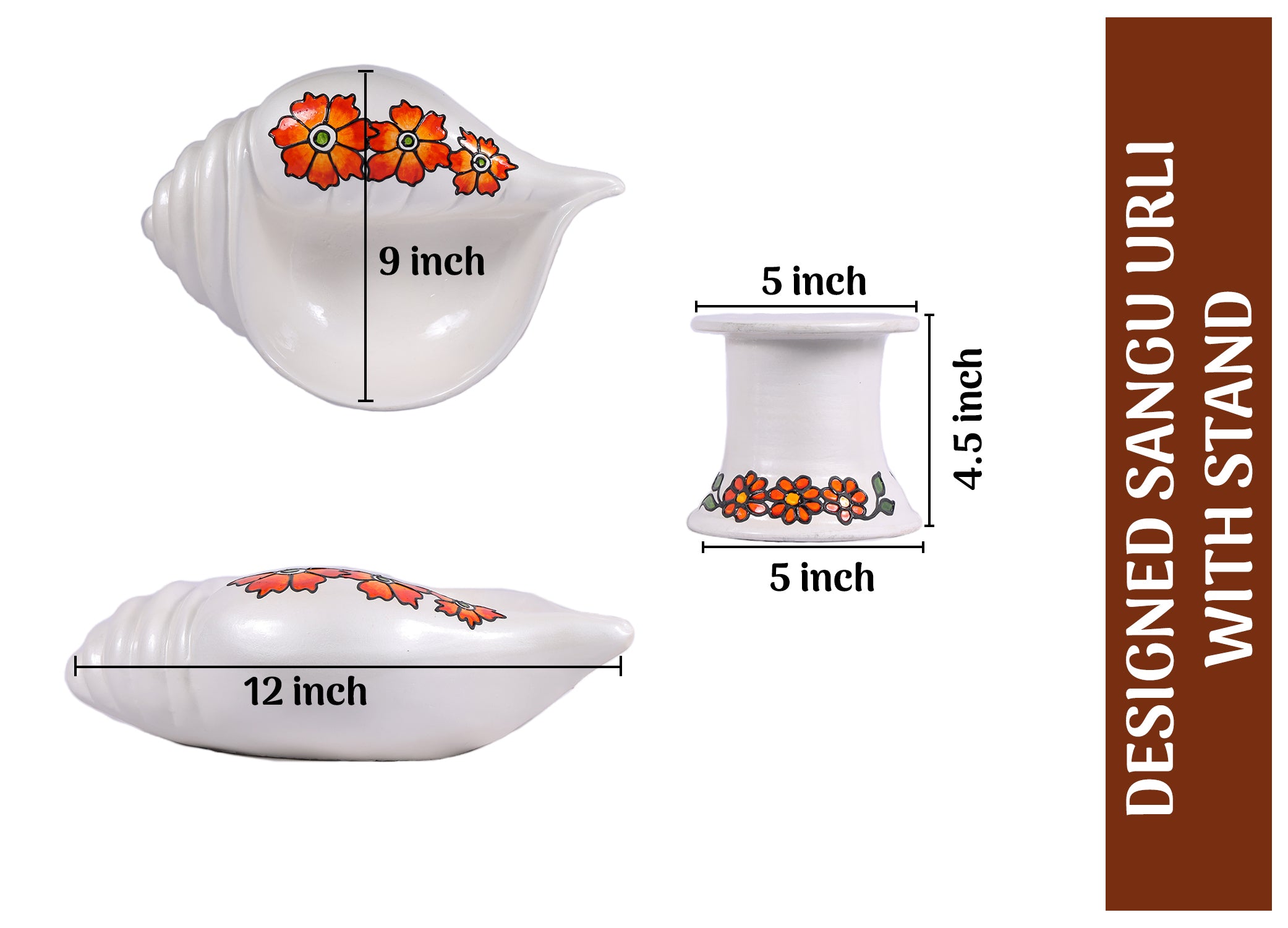 Terracotta Decorative Flower design Sangu urili with Stand - White
