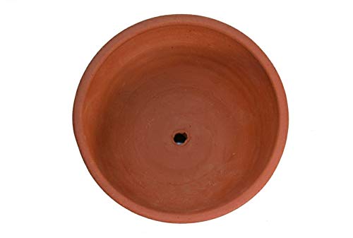 Base view of terracotta clay garden pot showing improved drainage hole and matching saucer, ideal for healthy plant growth and water flow.

