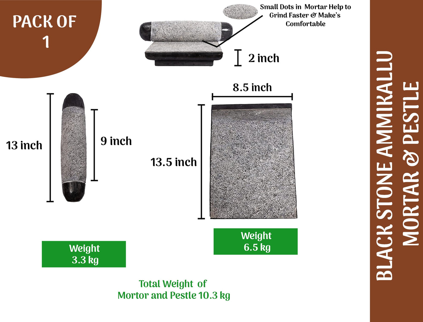 Granite Ammikallu /Mortar and Pestle (L * B - 13 * 8 inch)