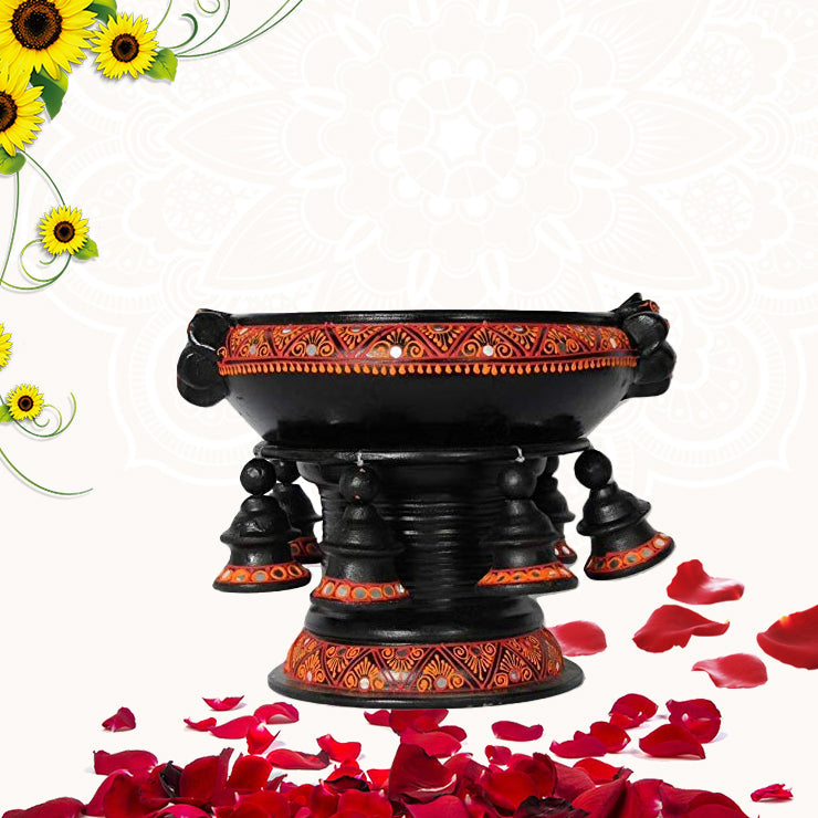 Terracotta Decorative Flower urli with stand Black- 8.5inch