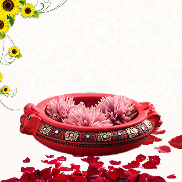 Terracotta Painted Decorative Flower Red Urli -9 inch