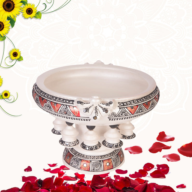 Terracotta Decorative Flower urli with stand White - 8.5inch