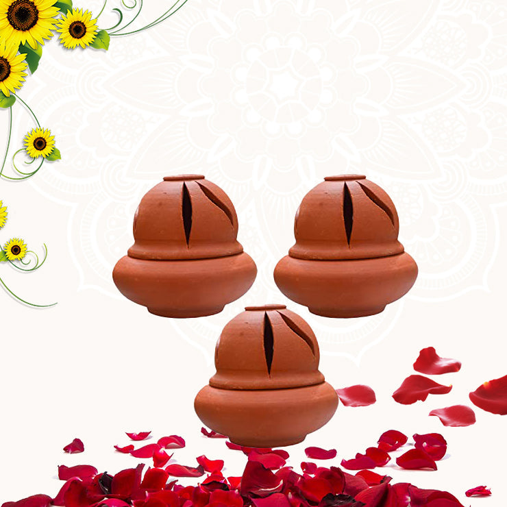 Earthen Clay Sambrani Holder with lid Pack-3